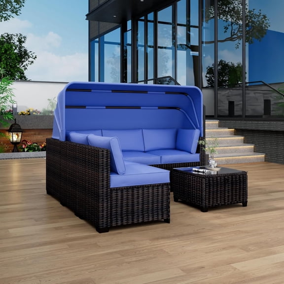 Studyset 6 Piece Outdoor Daybed Set, Rattan Wicker Outdoor Conversation Sets, Outdoor Wicker Sunbed Chaise Chair Conversation Furniture Sets, Retractable Canopy, Adjustable Backrests, Chaise Lounges