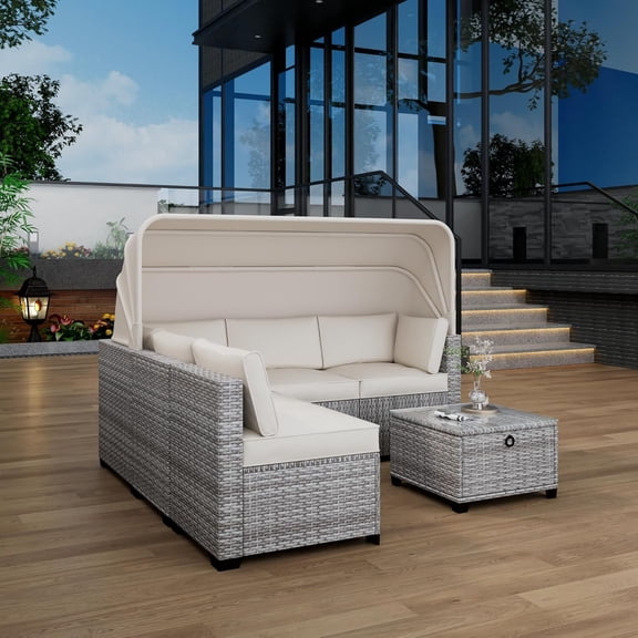 Studyset 6 Piece Outdoor Daybed Set, Rattan Wicker Outdoor Conversation Sets, Outdoor Wicker Sunbed Chaise Chair Conversation Furniture Sets, Retractable Canopy, Adjustable Backrests, Chaise Lounges
