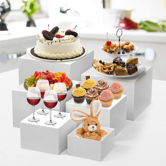Studyset 6-Piece Versatile Display Riser Set， White Stackable Display Risers Multi-Size Food Display Stands for Dessert Tables, Buffet Servicing, Retail Showcase & Event Styling