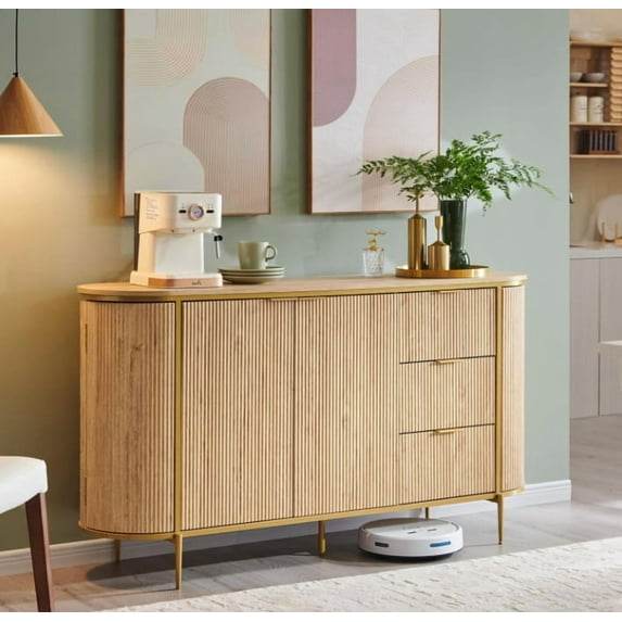 Studyset 60'' Storage Cabinet with Curved Profile Sliding Doors,Fluted Sideboard Buffet Cabinet with Faux Marble Top, 3 Drawers and Adjustable Shelves, Coffee Bar Buffet Cabinet