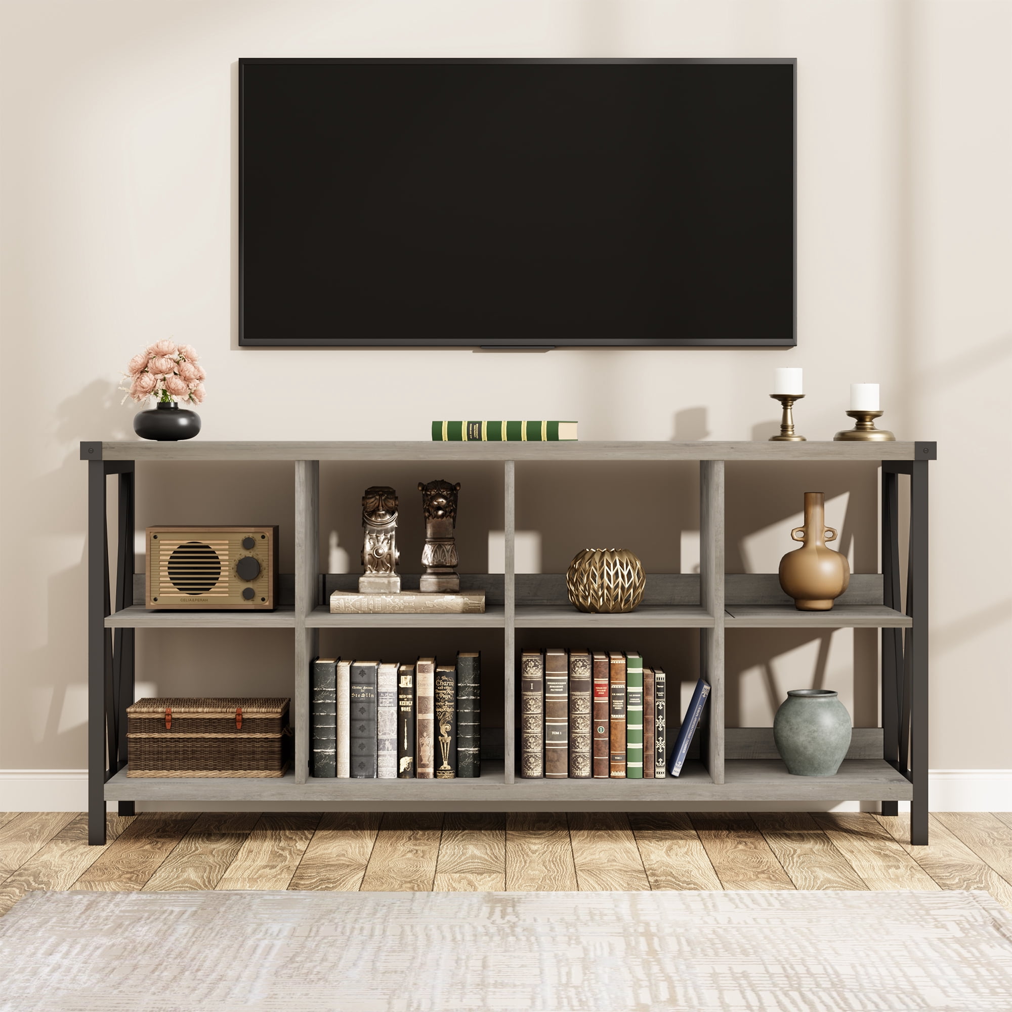 Small Bookcase Console Studyset 62 in Console Bookshelf, Industrial Storage Bookcase, 8 Cube ...