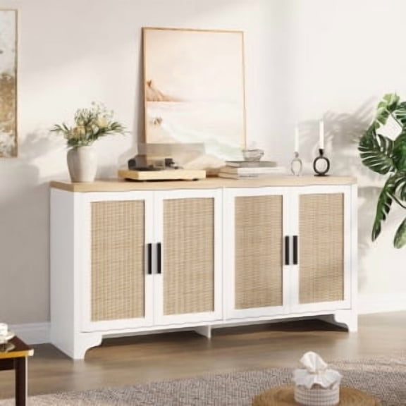 Studyset 62 Inch Rattan Sideboard Buffet Cabinet, 4-Door Kitchen Storage Cabinet with Shelves, Farmhouse Accent Buffet Sideboard, Console Table for Living Room, Entryway