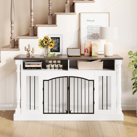 Studyset 63 Inch Double Dog Crate Furniture for 2 Dogs, Heavy Duty Wooden Dog Crate, Heavy Duty Dog Kennel Entertainment Table TV Stand with Charging Station, Dog Kennel Indoor Furniture