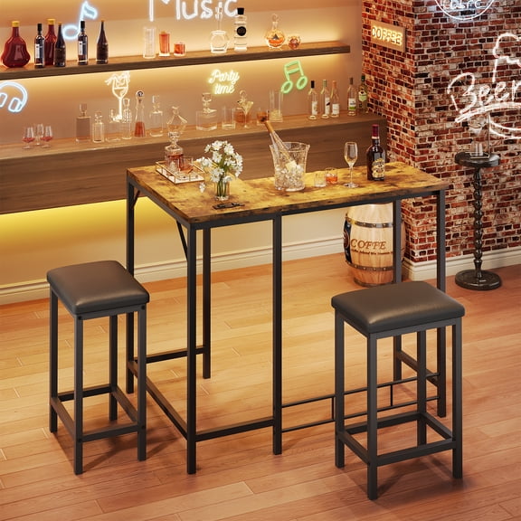 Studyset 63"L-Shaped Convertible Bar Table Set with Power Outlets, Kitchen Breakfast Nook Corner Table with 2 Stools, 3-Piece Counter Height Dining Set for 2-4