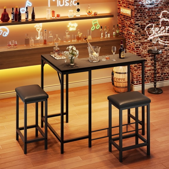 Studyset 63"L-Shaped Convertible Bar Table Set with Power Outlets, Kitchen Breakfast Nook Corner Table with 2 Stools, 3-Piece Counter Height Dining Set for 2-4