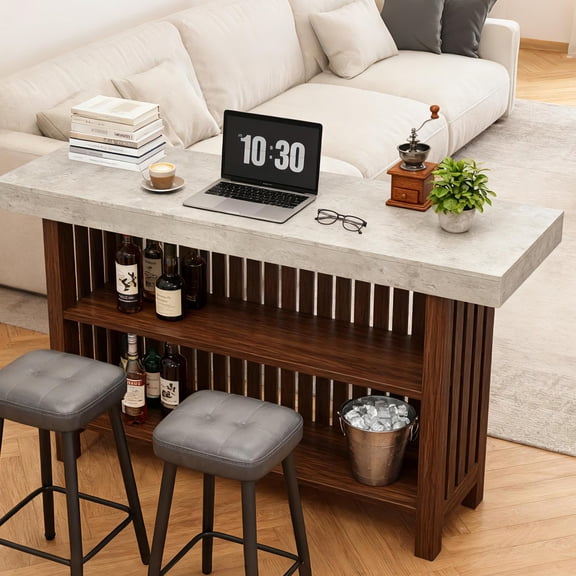 Studyset 63" Large Home Bar Unit, Wooden Counter-Height Pub Table, 2-Tier Kitchen Island Mini Bar Height Pub Table with Footrest, Modern Coffee Pub Table for Dining Room, Bistro, Living Room