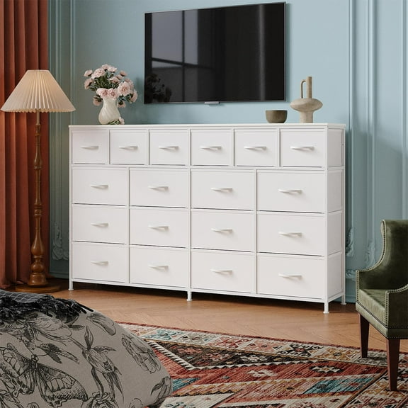 Studyset 63''W Dresser with 18 Fabric Drawers Dresser with Charging Station, Lager Sturdy Bedroom Dressers, Steel Frame, Wood Top, 63" W*39" H*11.8" D