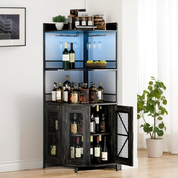 Studyset 64" Tall Corner Bar Cabinet with LED Strip, 5-Tiers Industrial Bar Cabinet with Power Outlet and Glass Holder, Wine Cabinet for Home Bar, Display Cabinet Corner Bar Cabinet with Power Outlet