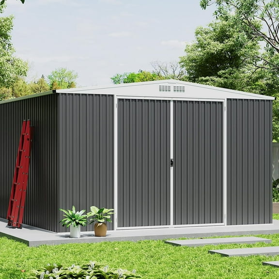 Studyset 7.58x6.33 Shed for Outdoor Storage, Galvanized Steel Metal Tool Sheds House with Lockable Doors, Lock & Air Vent, Large Utility Sheds for Patio Garden Lawn
