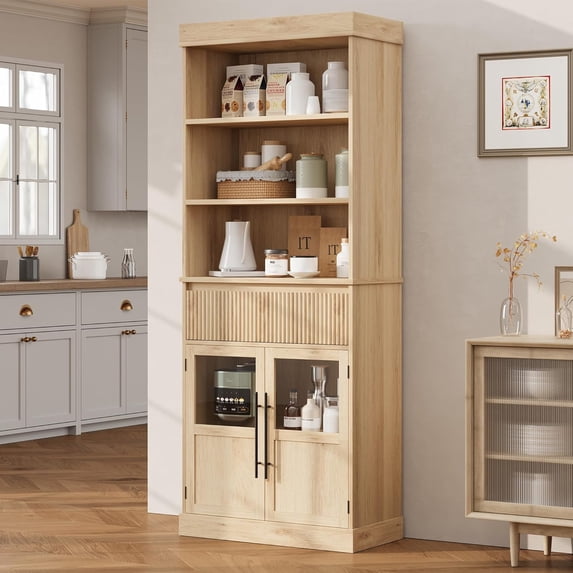 Studyset 70" Kitchen Pantry Cabinet, Tall Bookcase with Open Shelves and Fluted Drawer, Floor Standing Bookshelf with Glass Doors, Wood Display Cabinet for Kitchen, Living Room