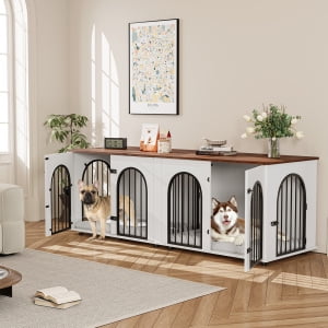 Studyset 71" Dog Crate Furniture for 2 Dogs, Dog Kennel Indoor with Double Doors, XXL Wooden Dog Crates Furniture TV Stand with Removable Divider, Large Double Dog Crate End Table with Pads