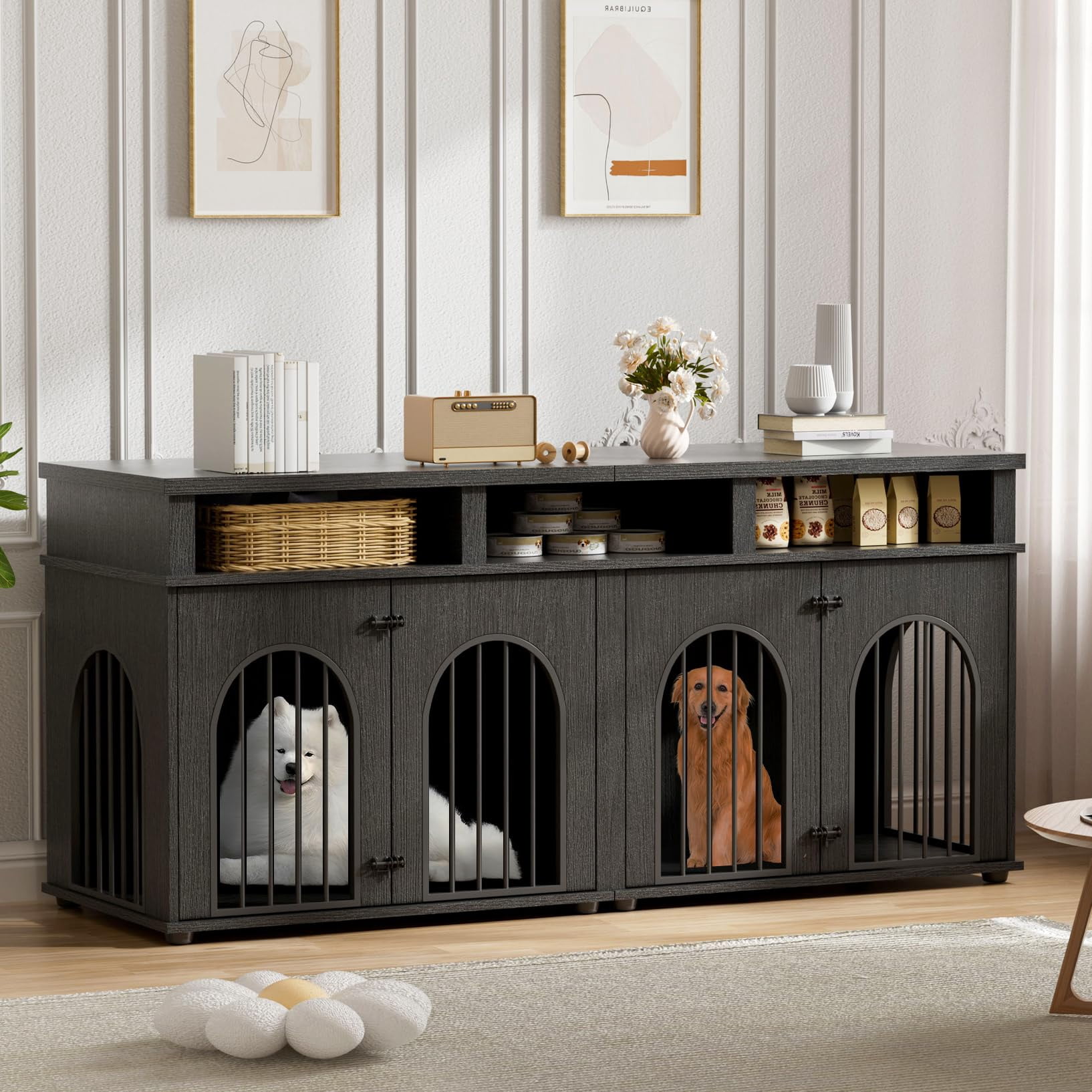 View of Studyset 71 Inch Dog Crate Furniture for 2 Rooms,Double Dog Crate ...