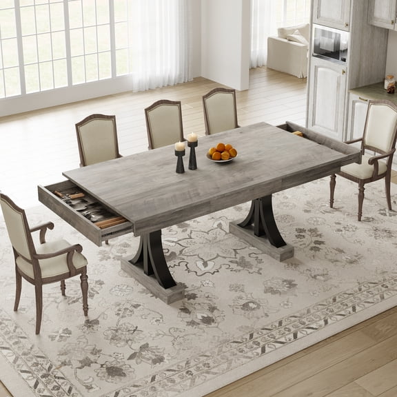 Studyset 71-Inch Wooden Kitchen Table with Two Drawers, Large Dining Table for 6-8 w/Large Tabletop & Sturdy Frame, Rectangular Dining Table with Double Pedestal, for Kitchen, Dinner, Office