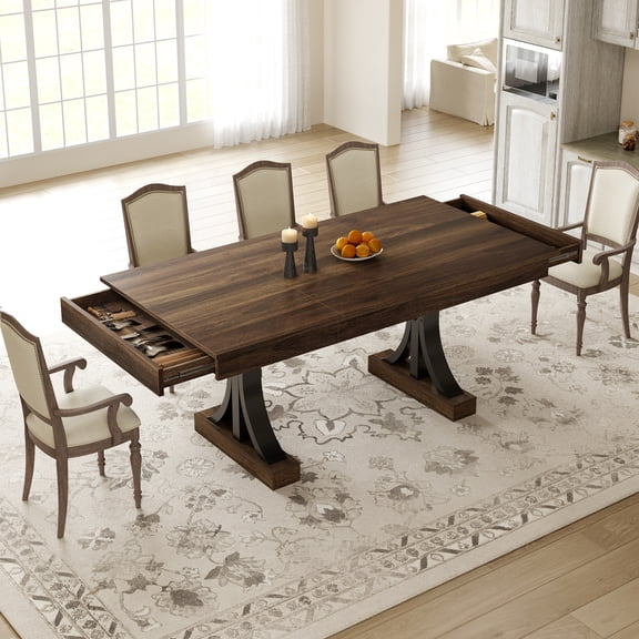 Studyset 71-Inch Wooden Kitchen Table with Two Drawers, Large Dining Table for 6-8 w/Large Tabletop & Sturdy Frame, Rectangular Dining Table with Double Pedestal, for Kitchen, Dinner, Office