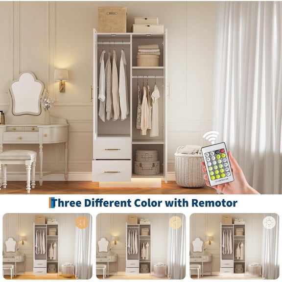 Studyset 71" Tall Wooden Large Armoire Storage Cabinet, Bedroom Armoire Wardrobe Closet with 2 Doors & 2 Drawers, Modern Fluted Glass & Shelves, w/Hanging Rod, Sturdy Frame