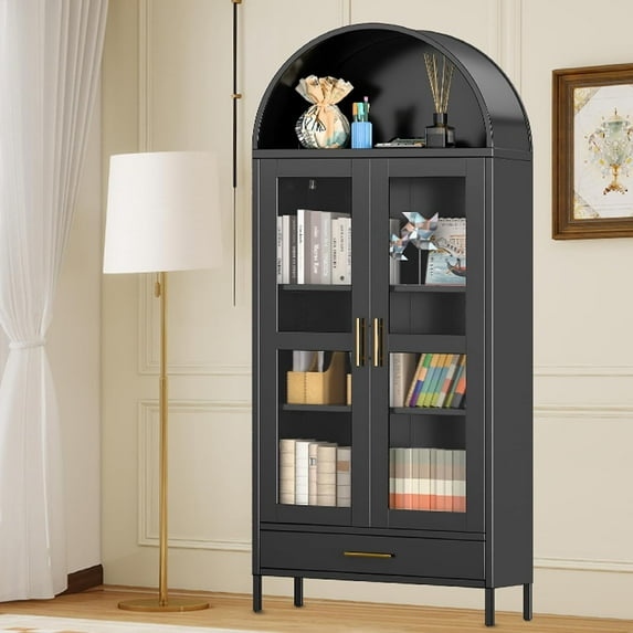 Studyset 73" Arched Metal Storage Cabinet, Kitchen Pantry Cabinet with Glass Door, 2 Adjustable Shelves & Drawers,Modern Farmhouse Display Bookshelf ,Freestanding Display Cupboard for Living/Dinning R