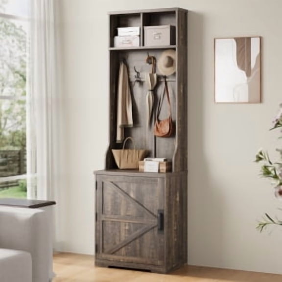 Studyset 77" Coat Rack Freestanding, Entryway 3-in-1 Hall Tree w/Shoe Storage Bench & 6 Hooks 2 Open Cubbies & Shoe Cabinet, Space Saving Entryway Furniture for Hallway, Living Room, Mudroom