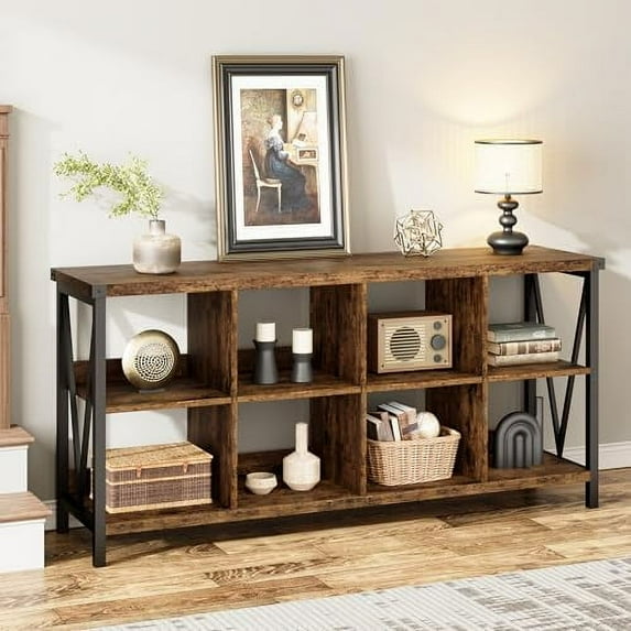 Studyset 8 Cube Storage Organizer Bookcases, 3 Tier Metal Horizontal Bookcase, 62 Inch Industrial Storage Bookcase for Entryway, Long Low Bookshelf for Living Room