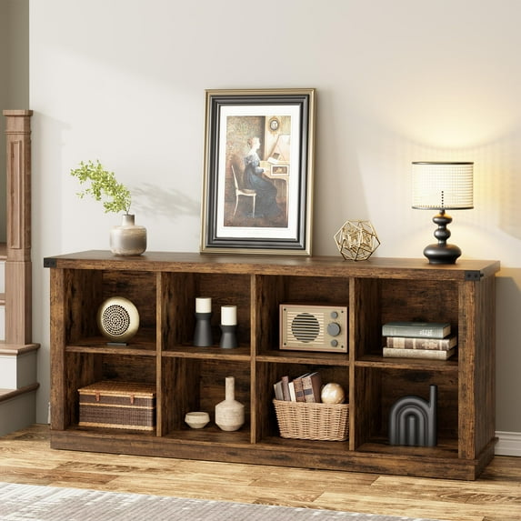 Studyset 8 Cube Storage Organizer Bookshelf,3 Tier Farmhouse Horizontal Bookcase,Rustic Wood Cubby Bookcase,62 Inch Wood Storage Bookcase for Entryway,Long Low Bookshelves for Living Room