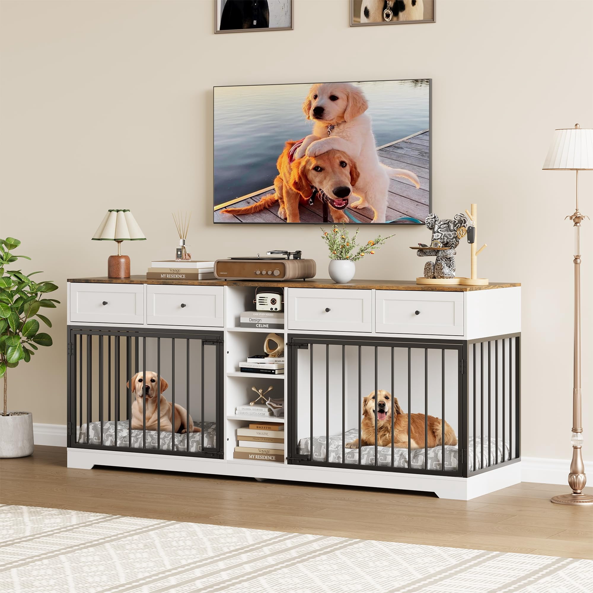 Studyset 82” Double Dog Crate Furniture,Large Dog Kennel Indoor for 2 ...