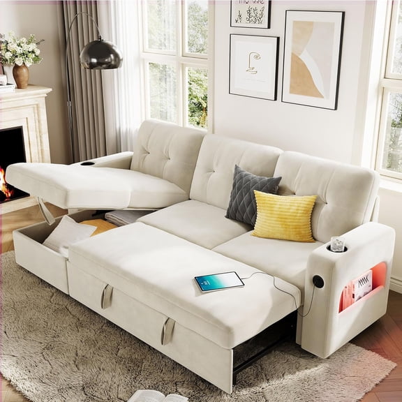 Studyset 84 Inch Sleeper Sofa Couch, L-Shaped Sofa, Convertible Pull Out Sofa Bed with Storage, Charging Station, Led Lights, Modern Sectional Sofa for Living Room, Apartment, Grey Velvet