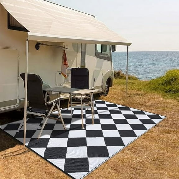 Studyset 8x10 Outdoor Rug Waterproof Reversible Outdoor Plastic Straw Rug with 4 Stakes & Portable Bag Boho Patio Rugs Carpet RV Mat Easy to Clean Checkered Floor Carpet for Patio Camp Balcony Deck