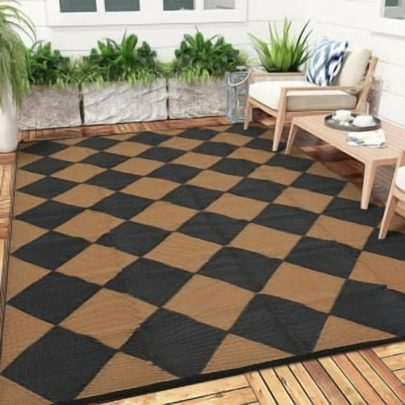 Studyset 8x10 Outdoor Rug Waterproof Reversible Outdoor Plastic Straw Rug with 4 Stakes & Portable Bag Boho Patio Rugs Carpet RV Mat Easy to Clean Checkered Floor Carpet for Patio Camp Balcony Deck
