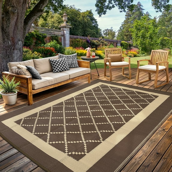 Studyset 8x10 Outdoor Rug Waterproof Reversible Plastic Straw Mat,Large Modern Patio Area Rug,Modern Diamond Indoor Outdoor Large Area Rug for RV Deck Balcony Backyard,UV Resistant & Easy to Clean