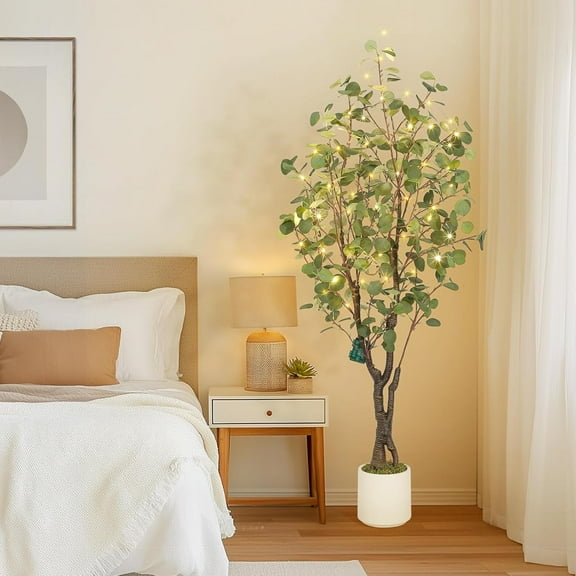 Studyset Artificial Eucalyptus Tree Indoor, 5ft Tall Fake Artificial Plant with White Planter，Large Faux Floor Plant Fake Silk Trees with 50 Lights Artificial Trees for Home Dr Indoor