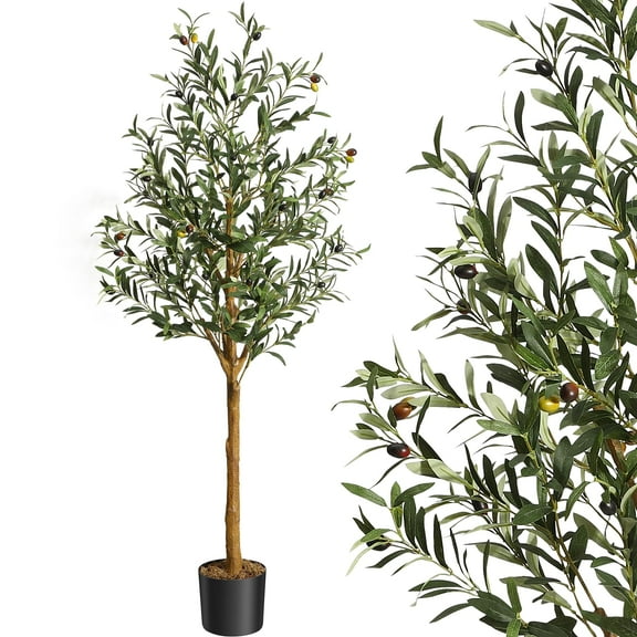 Studyset Artificial Olive Tree 4.25FT/5FT/6FT Tall Faux Silk Olive Trees for Home Office Living Room Decor,Faux Olive Tree,Indoor Fake Potted Tree with Natural Wood Trunk and Lifelike Fruits