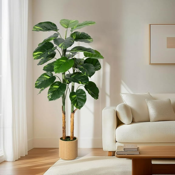 Studyset Artificial Scindapsus Aureus Plant, Trunk Wrapped with Unique Banana Peel, Indoor Drative Potted Faux Golden Pothos Floor Plant, 5FT Artificial Tree for Home Office Dration