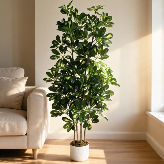Studyset Artificial Umbrella Tree Plant, High-Density Foliage Fake Plant, Tall Faux Schefflera Tree in Black Pot, Large Fake Potted Decorative Plant for Indoor Home Office Decor