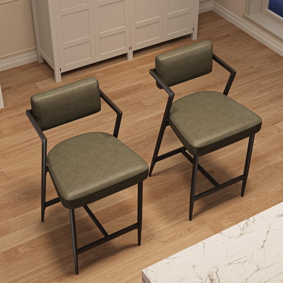 Studyset Bar Stools Set of 2 with Armrest, Upholstered 27" Counter Height Bar Stool with Armrest & Footrest, Tall Bar Chairs Thick Cushion & Thickened Metal Legs for Island
