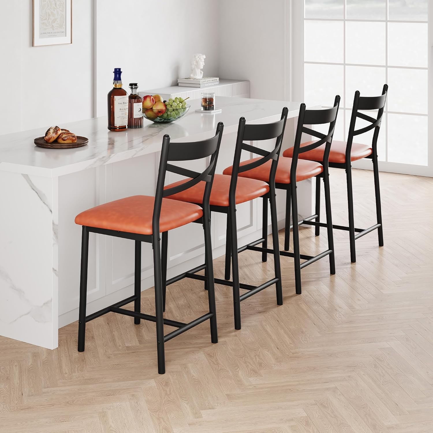Studyset Bar Stools Set of 4, Black Bar Stools Set of 4 with X-Shaped Backrest and Metal Footrest, Metal Bar Stools Set of 4, Barstools Set of 4 for Dining Room, Coffee Shop
