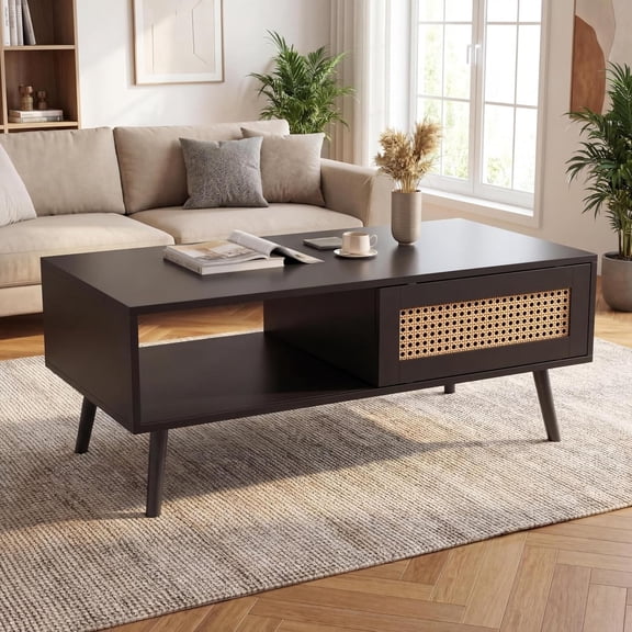 Studyset Boho Rattan Coffee Table, Wood Center Table 39.4" Modern Coffee Table with Sliding Door and Open Shelf, Wooden Living Room Table with Anti-Slip Footpads