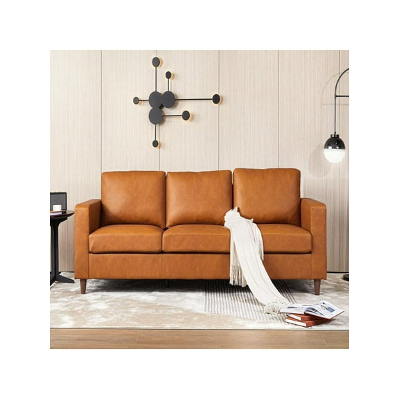 Studyset Brown Pu Leather Sofa, 85" Mid-Century Modern Couch, Mid Century Modern 3 Seater Leather Sofa, 85 Inch Faux Leather Couch, Comfortable Pu Couch Upholstered Sofa Deep Seat Sofas