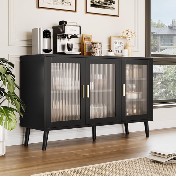 Studyset Buffet Storage Cabinet with Three Long Rainbow Glass Doors, 48" Sideboard Buffet Cabinet, Large Capacity Particleboard Sideboard, Modern Design for Kitchen, Dining Room, and Living Room