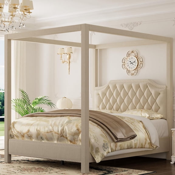 Studyset Canopy Bed Frame with Nailhead Decoration Headboard,Upholstered Bed Frame with Poles 4 Corner Bed Bracket,Solid Wood Slats Support,No Box Spring Needed,Noise Free