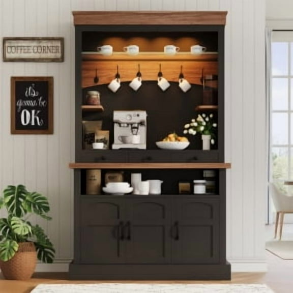 Studyset Coffee Bar Cabinet with LED Light, 72" Tall Coffee Bar Hutch with Storage, Sideboard Buffet Cabinet with Microwave Stand/Glass Shelf/6 Hooks/3 Drawers for Kitchen Living Dining Room
