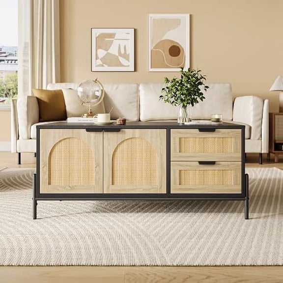 Studyset Coffee Tables for Living Room, LED Lights Mid Century Modern Coffee Table,Rattan Black Rectangle Wood Coffee Table with Storage, 2 Drawers,2 Doors&Open Storage Shelf, Boho Coffe Table for Apa