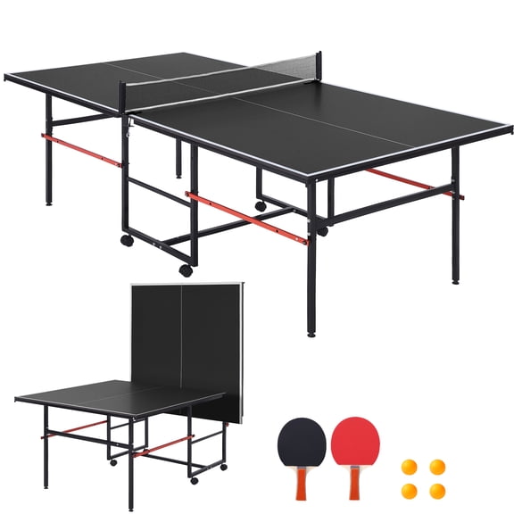 Studyset Collapsible Portable Table Tennis Table – 8FT Indoor/Outdoor Ping Pong Set with Waterproof Net, 2 Paddles, 3 Balls, Quick Assembly, Playback Mode - Specs: 8FT-TTB06C-B, Color: Black