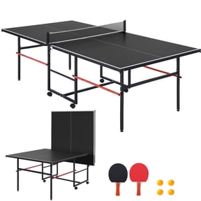 Studyset Collapsible Portable Table Tennis Table 8FT Indoor/Outdoor Ping Pong Set with Waterproof Net, 2 Paddles, 3 Balls, Quick Assembly, Playback Mode - Specs: 8FT-TTB06C-B, Color: Black