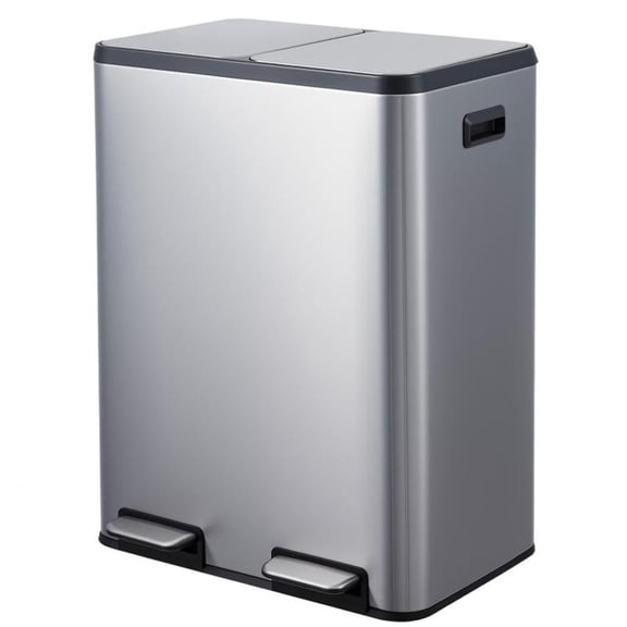 Studyset Commercial Dual Trash Can, 16 Gallon/60 Liter Stainless Steel Garbage Can with Soft-Close Lids & 2 Pedals, Step-on Recycling Bin with Removable Inner Buckets