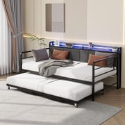 Studyset Daybed with Trundle Bed, Twin Bed Frame with Linen Upholstered Storage Headboard & Charging Station and LED Light, Heavy Duty Metal Day Bed Pop Up Trundle Bed