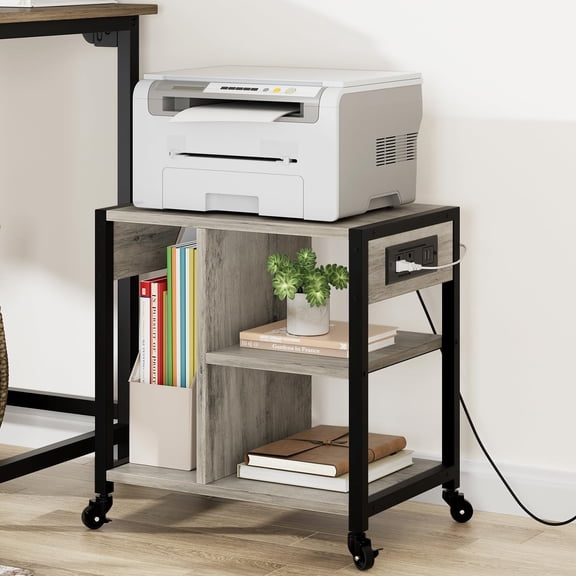 Studyset Under Desk Printer Stand with Power Outlets, 4 Tier Rolling Printer Cart Holder, Desktop Printer Table with Storage Shelf and Wheels for Home Office, Retro Black