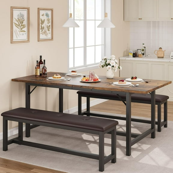 Studyset Dining Room Table Set for 4-6, 63" Extendable Dining Table Set for 6, Kitchen Table with 2 Upholstered Benches, Dining Room Extendable Table Set for Small Space, Apartment