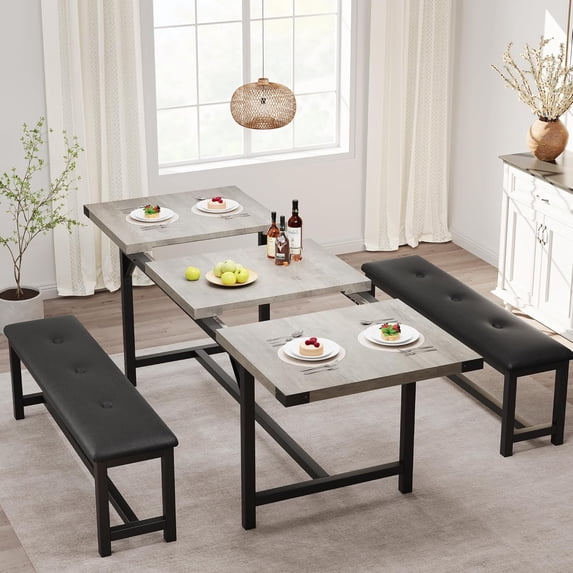Studyset Dining Table Set for 4-6, 63" Extendable Dining Room Table Set with 2 Upholstered Benches, 3 Piece Large Rectangle Kitchen Table Set with Metal Frame for Apartment,Saving Space