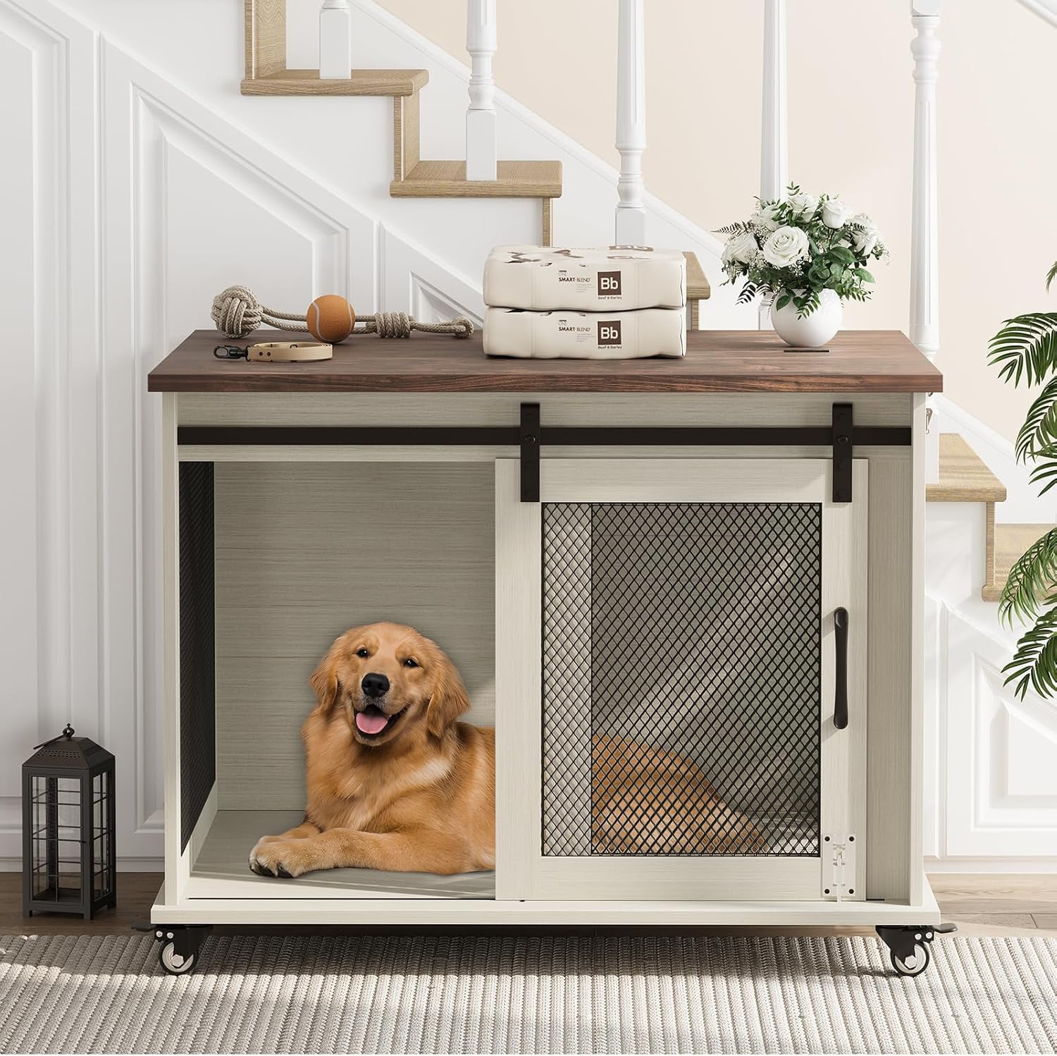Studyset Dog Crate Furniture with Flip Top, 37" Dog Cage Furniture with Sliding Barn Door, Wheels and Removable Divider, Furniture Style Dog Crate Table, Indoor Dog Kennel for Large Dogs