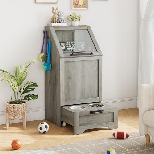 Studyset Dog Feeder Station, Flip Top Dog Food Storage Cabinet, Wood Dog Feeding Station with 2 Pull-Out Elevated Dog Bowls, Modern Dog Food Storage Container with 3 Hooks, Pet Toy Storage Organizer,