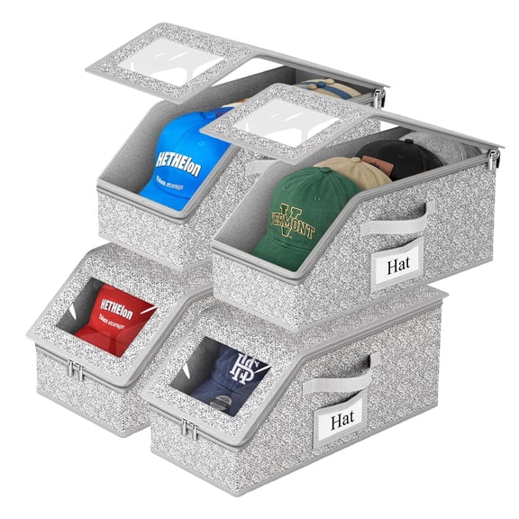 Studyset Dust-Proof Cap Holder with Zipper Closure, 4-Pack Foldable Hat Storage Boxes, Gray Baseball Cap Organizer with Clear Window Lid & Label Slot, Stackable Hat Box